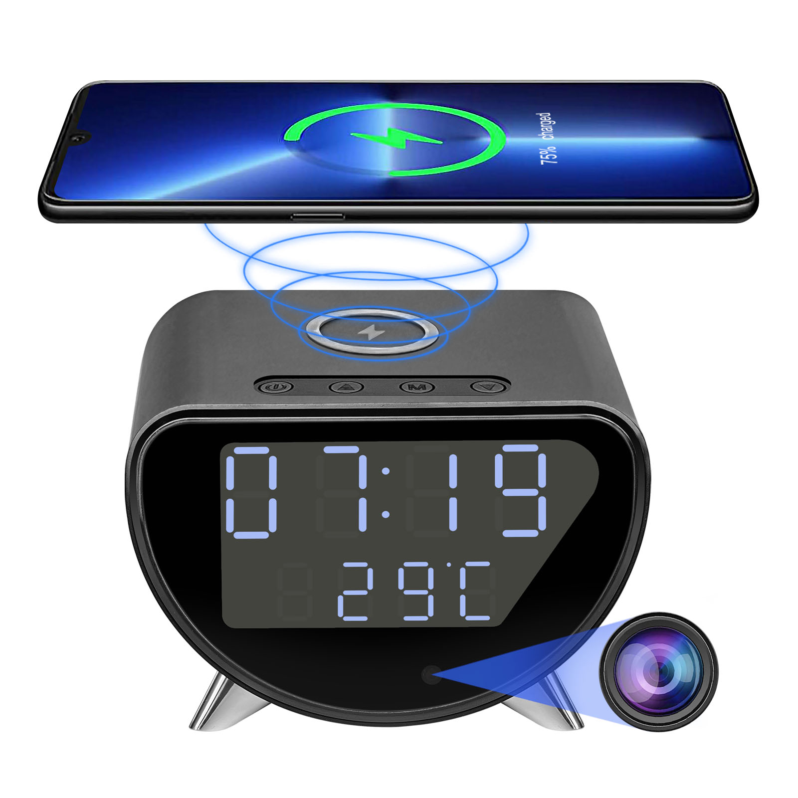 Hidden Camera Clock - كاميرا ساعة WiFi مع شاحن لاسلكي،